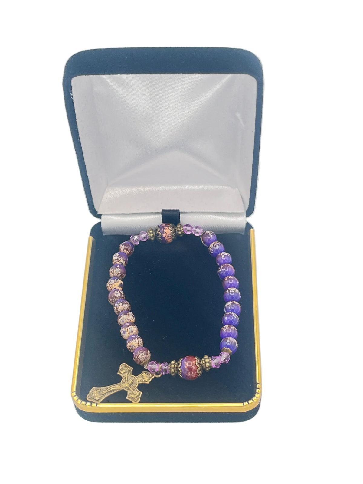 Purple Marble and Glass Antique Crucifix Stretch Bracelet - JMJs Catholic Store, Inc