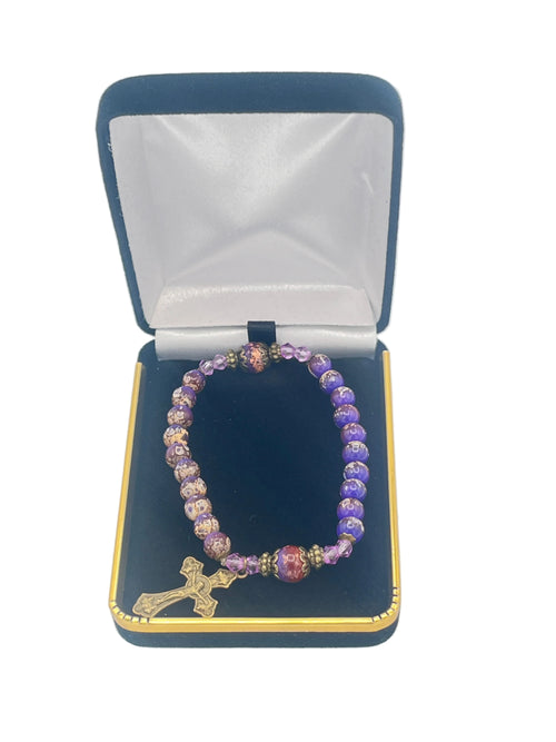 Purple Marble and Glass Antique Crucifix Stretch Bracelet - JMJs Catholic Store, Inc