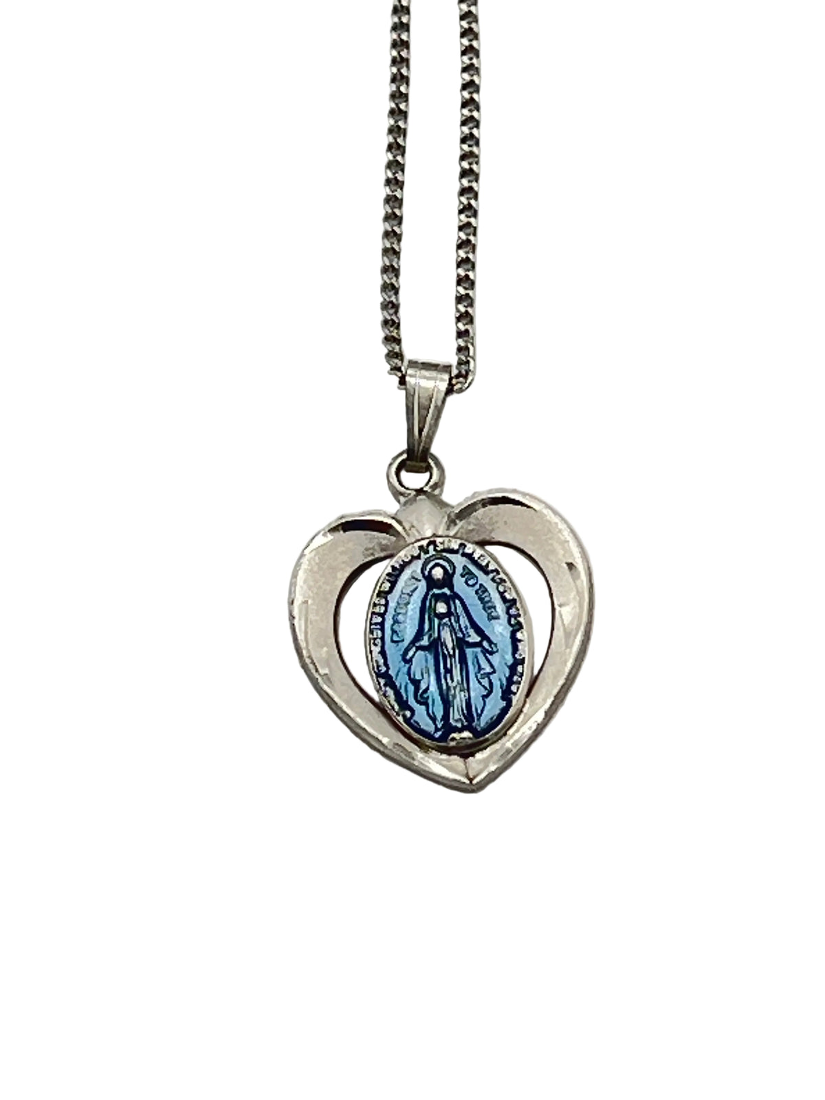 Blue Heart Sterling Silver Miraculous Medal with Blue Enamel 3/4" - JMJs Catholic Store, Inc