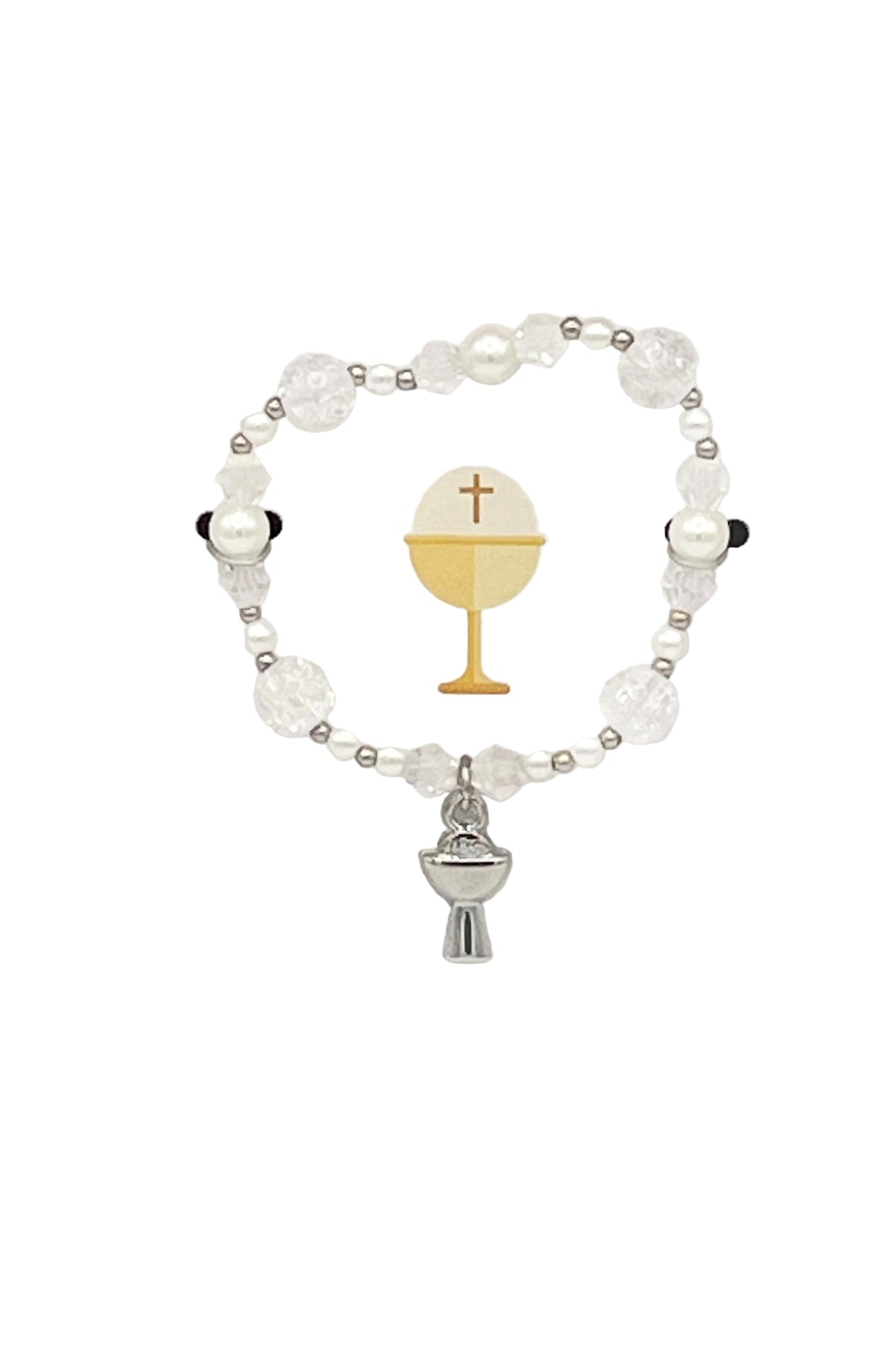 White Pearl and Crystal First Communion Bracelet with Silver Chalice Charm - JMJs Catholic Store, Inc