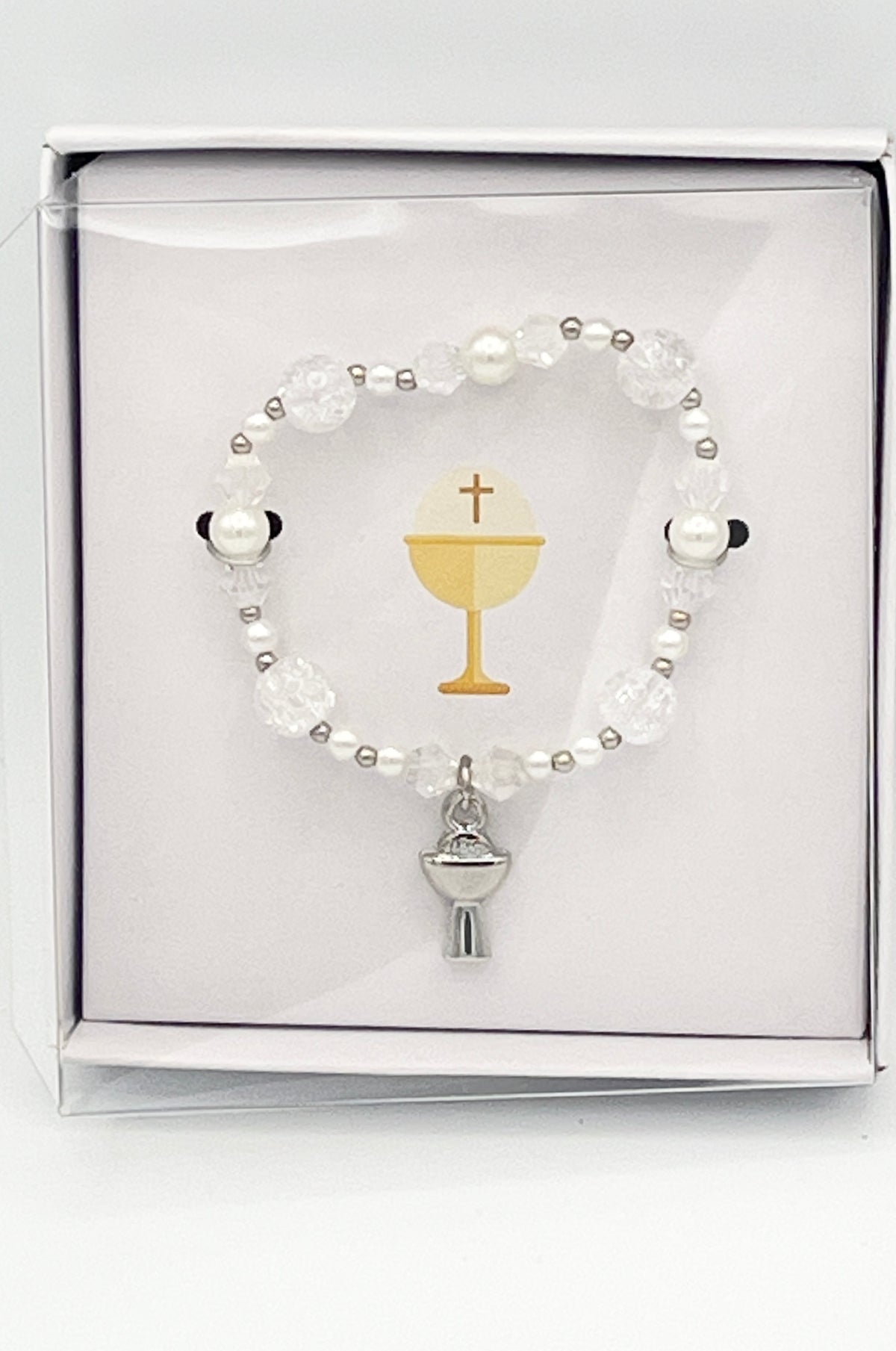 White Pearl and Crystal First Communion Bracelet with Silver Chalice Charm - JMJs Catholic Store, Inc