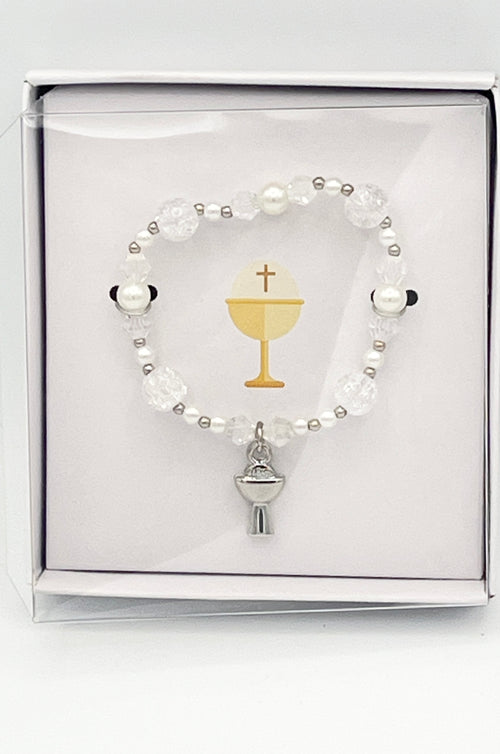 White Pearl and Crystal First Communion Bracelet with Silver Chalice Charm - JMJs Catholic Store, Inc