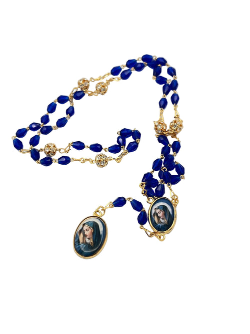 Seven Sorrows Blue Crystal Gold Rosary with black box - JMJs Catholic Store, Inc