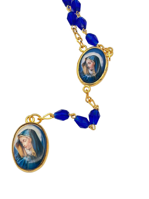 Seven Sorrows Blue Crystal Gold Rosary with black box - JMJs Catholic Store, Inc