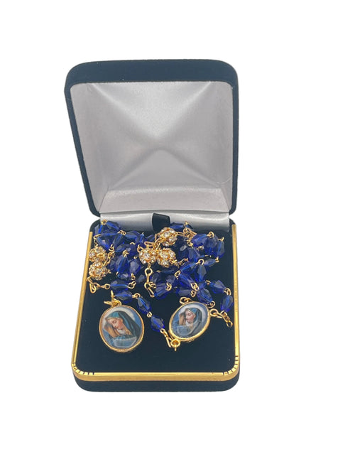 Seven Sorrows Blue Crystal Gold Rosary with black box - JMJs Catholic Store, Inc