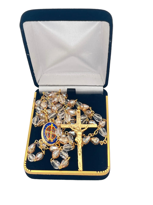 Gold St. Benedict Crystal Rosary - JMJs Catholic Store, Inc