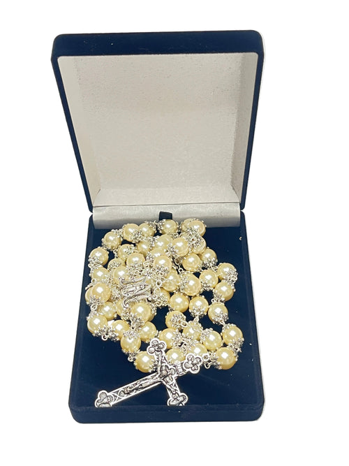 10mm White Glass Pearl Rosary with Caps from Fatima
