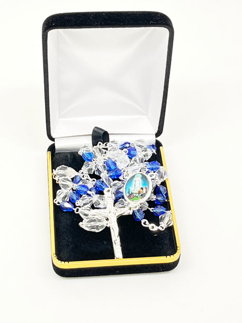 Our Lady of Fatima Blue and Clear Crystal Rosary Silver - Unique Catholic Gifts
