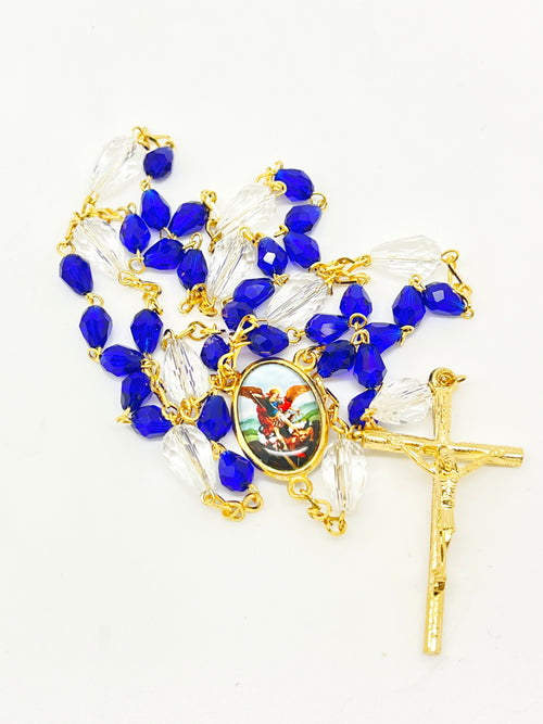 St. Michael Chaplet Gold with Blue Crystal Beads - Unique Catholic Gifts