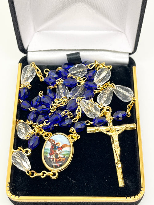 St. Michael Chaplet Gold with Blue Crystal Beads - Unique Catholic Gifts
