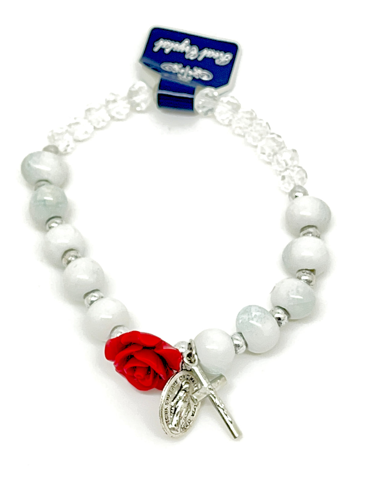 Stretch rosary bracelet with clear and white beads, red rose Our Father bead, and silver Miraculous Medal charm.