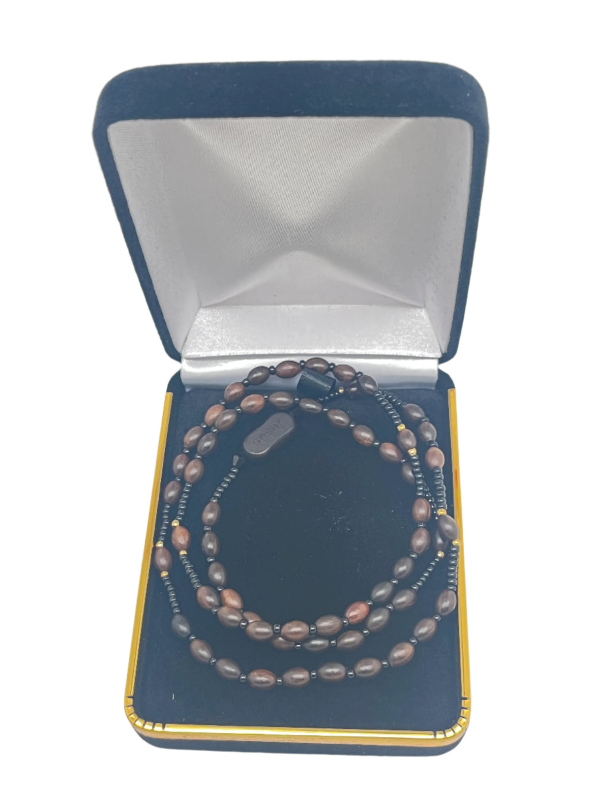 Jujube oval wood twisting rosary bracelet with 4mm beads, five decades, in black and brown velvet presentation box