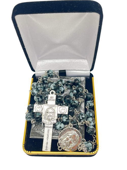 Holy Face chaplet with marbled black glass beads, silver Medal of the Holy Face centerpiece, and prayer card in velvet box