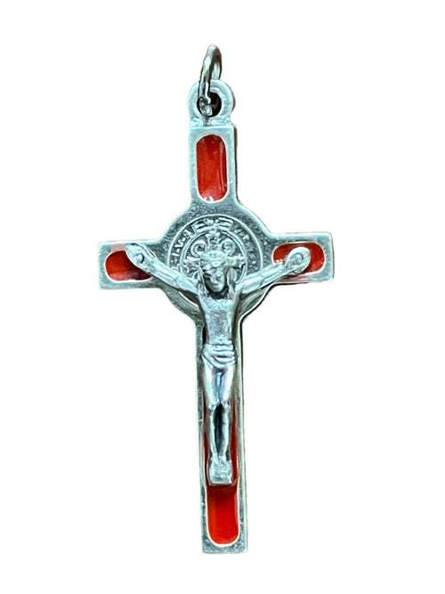 Silver tone Saint Benedict crucifix medal with red enamel inlays, featuring detailed corpus, 1 1/2 inch Italian craftsmanship.