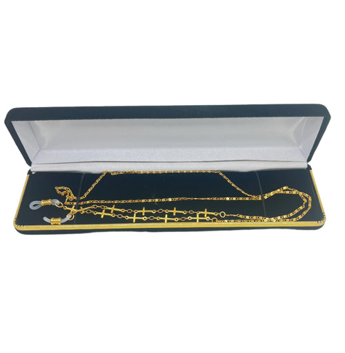 Gold-tone Cross Link Eyeglass Holder Chain displayed in black and white lined jewelry box with silicone loops on ends