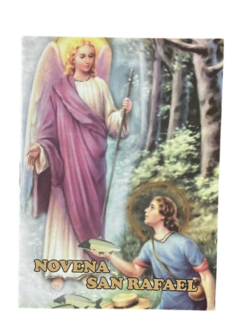 Novena San Rafael prayer book cover featuring Archangel Raphael with staff and a person in a forest setting