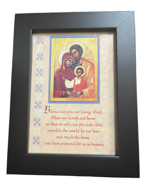 Framed Home Blessing print featuring a religious family icon and prayer text with decorative border in black frame