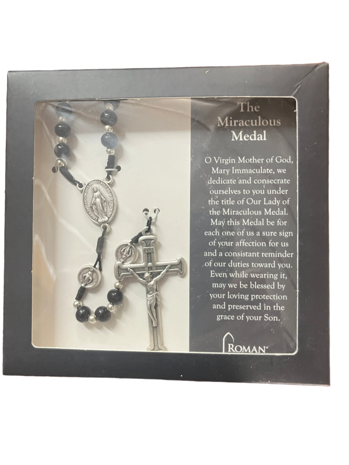 18.25" black string rosary with silver Miraculous Medal centerpiece and detailed crucifix in gift box packaging