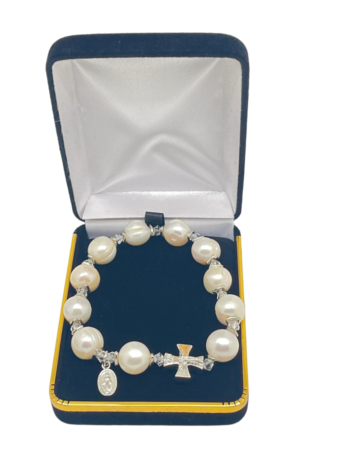 Genuine pearl rosary bracelet with pewter crucifix and Swarovski crystal spacers in a navy velvet jewelry box