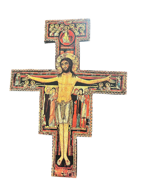 Greek San Damiano Wall Cross 9 1/2" featuring vivid Christian iconography of Christ’s crucifixion with traditional figures.