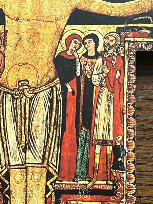 Greek San Damiano Wall Cross segment showing vivid Christ crucifixion scene with three figures in traditional iconographic style