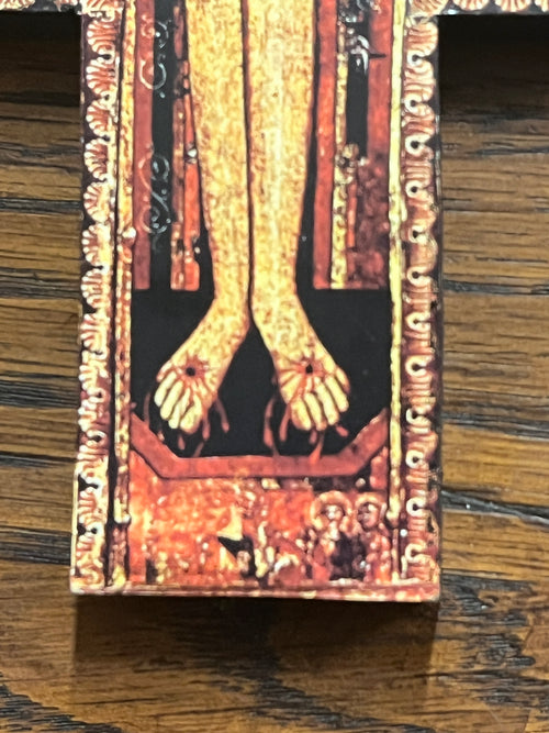 Greek San Damiano Wall Cross 9 1/2" with detailed crucifixion art and traditional gold and red iconography on wood background