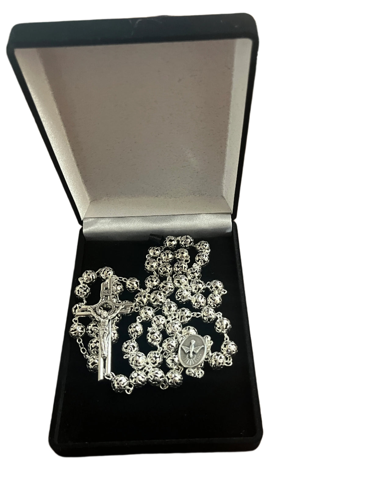 8 mm Metal Filigree Rosary with detailed crucifix and centerpiece, presented in velvet-lined black display box