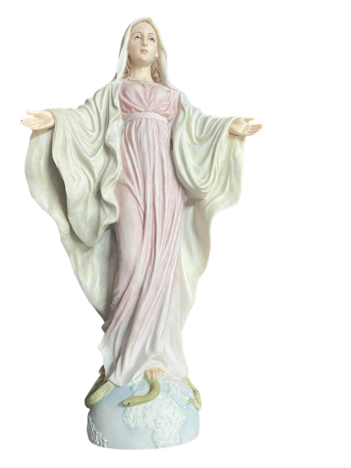 10 3/4" Graceful Mary statue with flowing pale pink and white robes, standing on globe with serpent detail