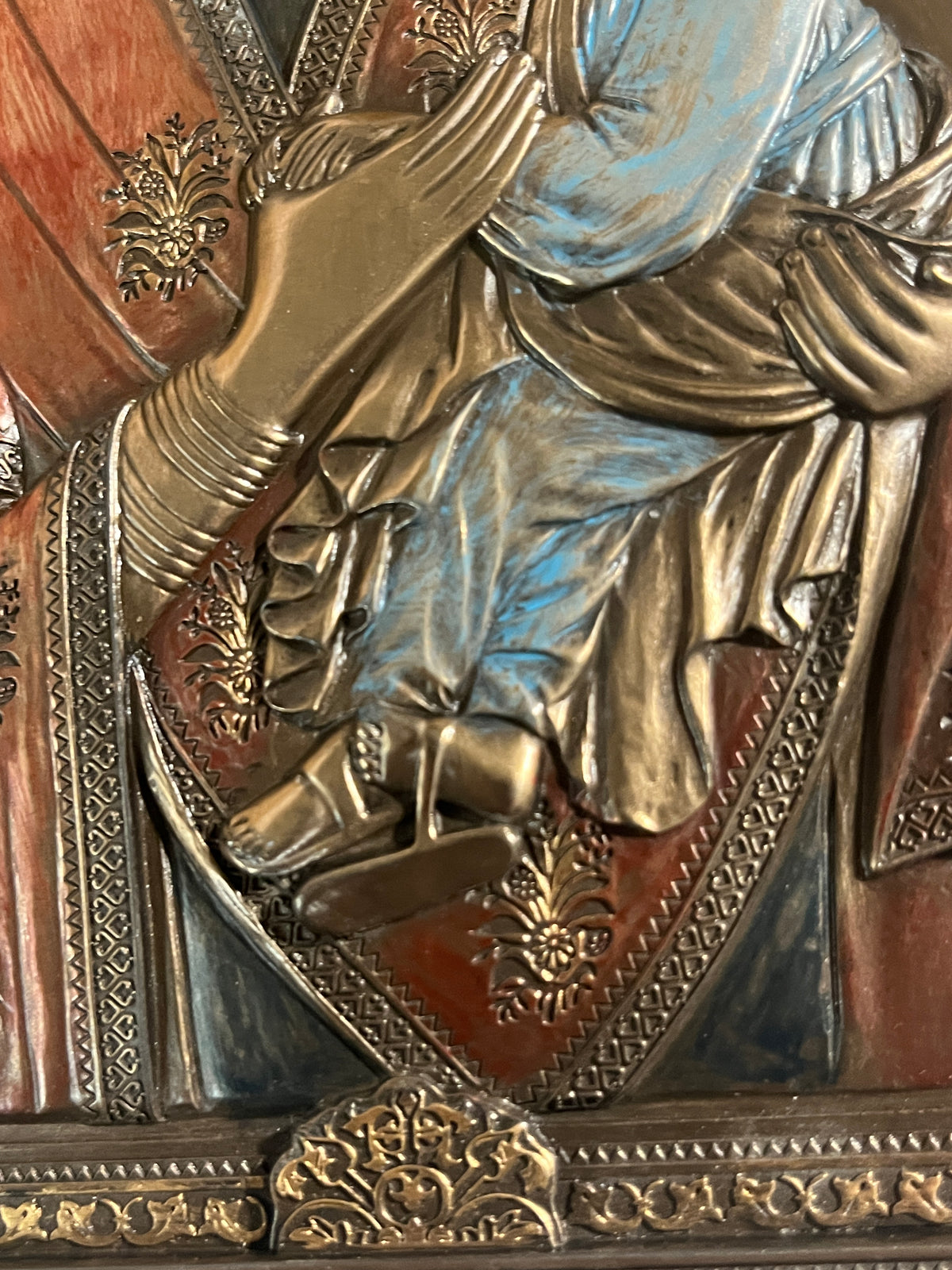 9" Our Lady Of Perpetual Help wall plaque in cold cast with detailed gold and blue accents on ornate background