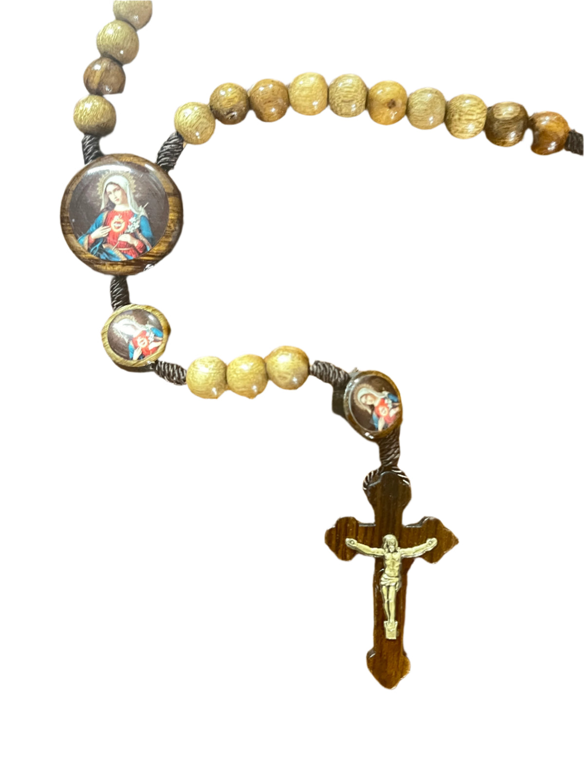 Brown Brazilian wood rosary with Immaculate Heart of Mary centerpiece and detailed crucifix pendant on dark cord