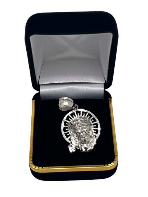 1 1/4" rhodium plated brass pendant of the Holy Face of Jesus with crown of thorns in black velvet box