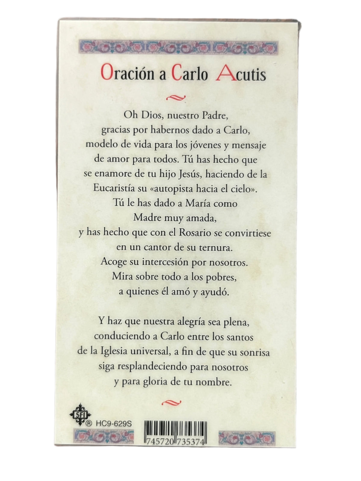 Back of laminated Santo Carlo Acutis prayer card with Spanish text and decorative floral border
