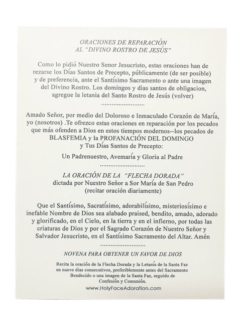 Prayer card with Spanish text for devotion to the Holy Face of Jesus, 5 1/2" x 4 1/4" printed in full color