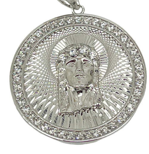 1 3/8" rhodium plated brass pendant featuring the Holy Face of Jesus with detailed pitted and swiss cut design