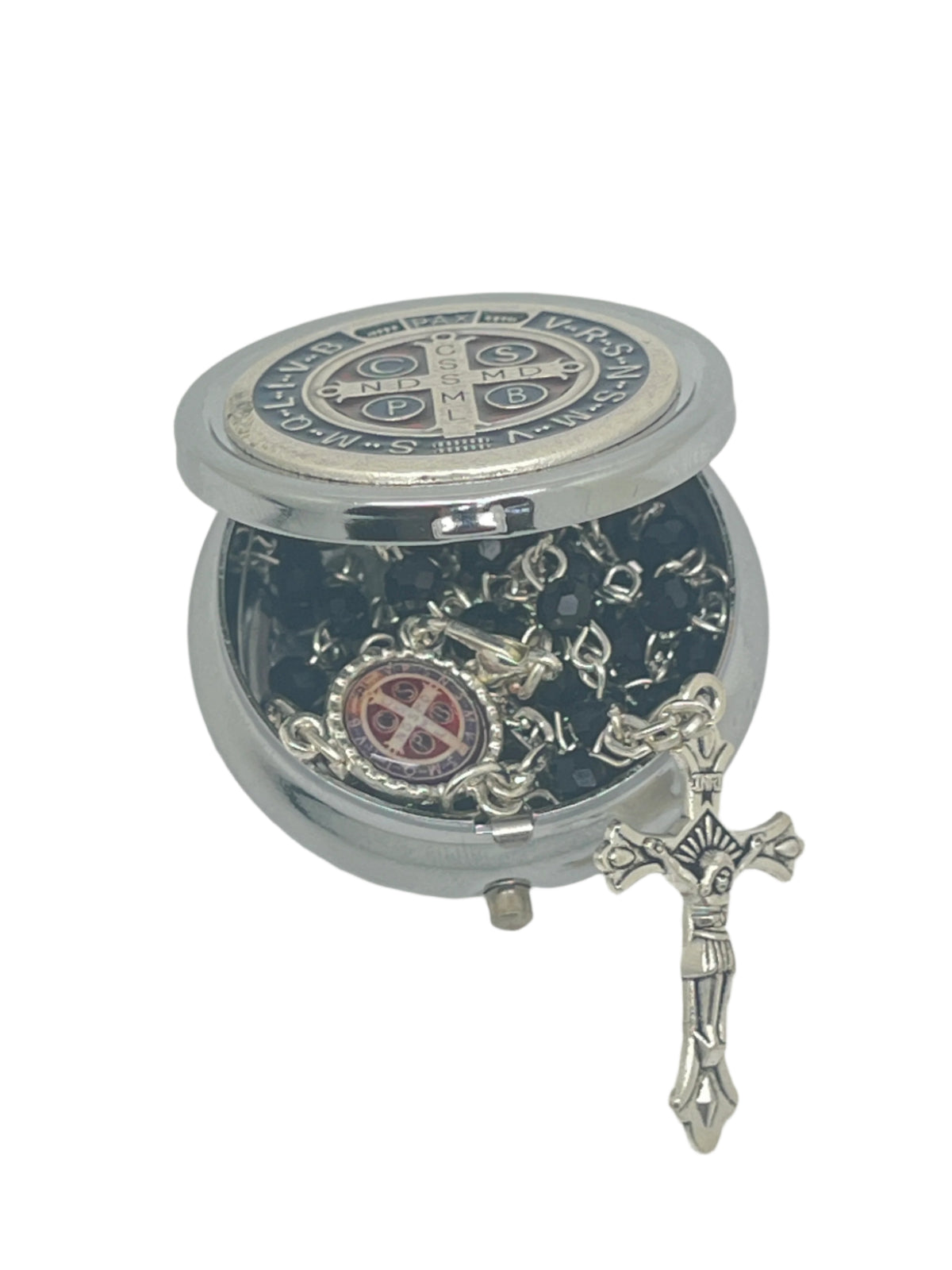 Saint Benedict round metal box with detailed medallion and 4mm black bead rosary featuring silver crucifix design