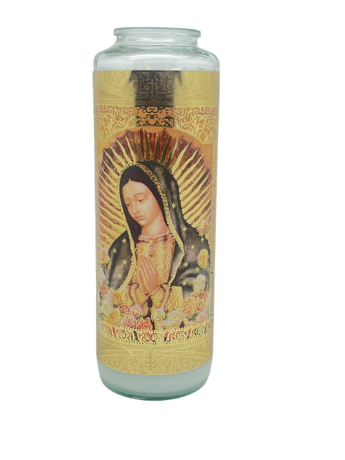 8" Our Lady of Guadalupe 6 Day Credo sanctuary prayer candle in glass, featuring gold and floral accents design