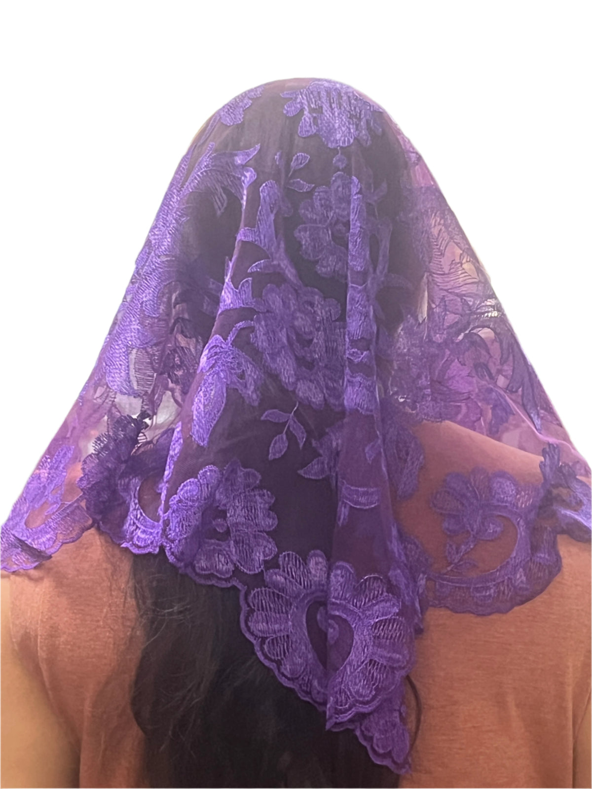 Eggplant Olivia lace mantilla chapel veil with floral motifs and scalloped edges, 51 inches long, worn over hair