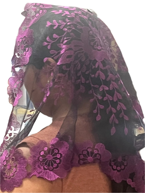 Purple and black Spanish lace mantilla veil with floral motifs and scalloped edges, 51 inches long chapel veil