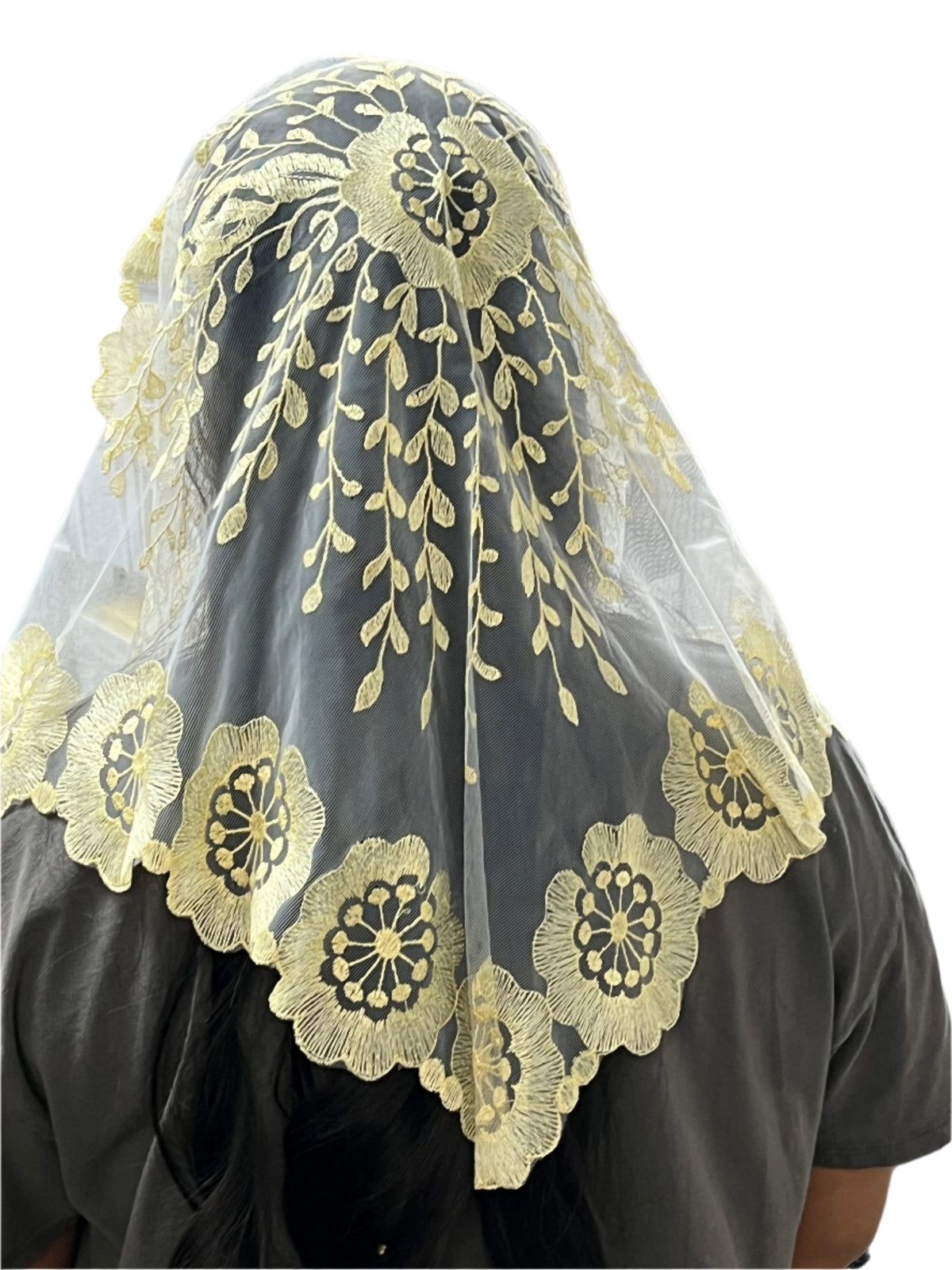 Pale yellow and white lace mantilla with floral motifs and scalloped edges, 51" chapel veil for respectful wear