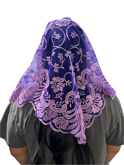 Wine purple Jacinta lace mantilla chapel veil with delicate floral motifs and scalloped edges, 51 inches long