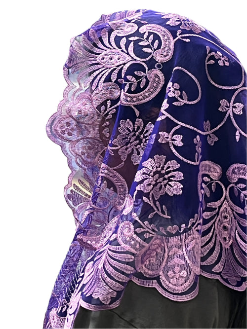 Wine purple Jacinta lace mantilla chapel veil with floral motifs and scalloped edge, perfect for respectful chapel wear, 51 inches long.