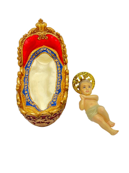 3 7/8" Advent Infant Jesus figurine with gold halo and ornate red and gold manger, hand-painted resin design