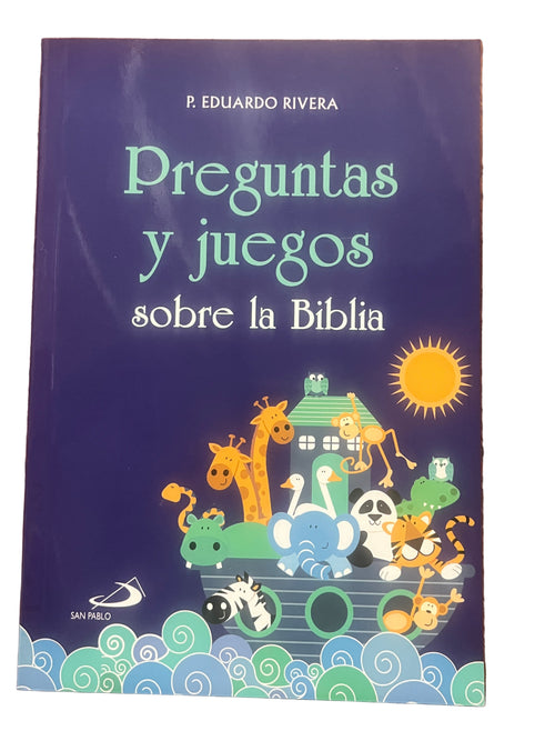 Religious book cover titled Preguntas y Juegos Sobre La Biblia with colorful cartoon animals on an ark and a bright sun