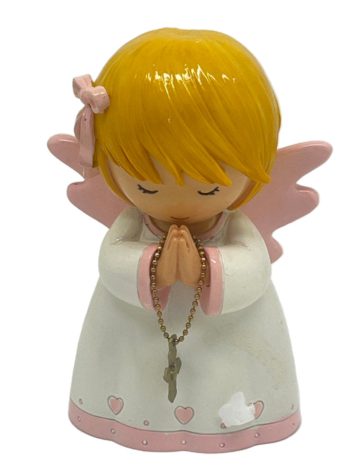 3.5" ceramic Guardian Angel for Girls figurine with pink wings, praying hands holding rosary and blonde hair bow