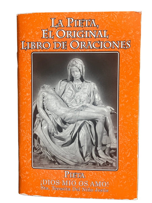 Orange cover of La Pieta El Original Libro de Oraciones book featuring a black and white Pieta sculpture image