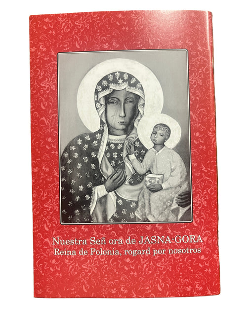 Red devotional prayer book titled Nuestra Señora de Jasna-Gora with black and white image of Mary and child Jesus on cover