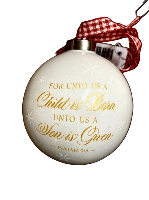 A Child is Born White Ceramic Christmas Ornament - JMJs Catholic Store, Inc