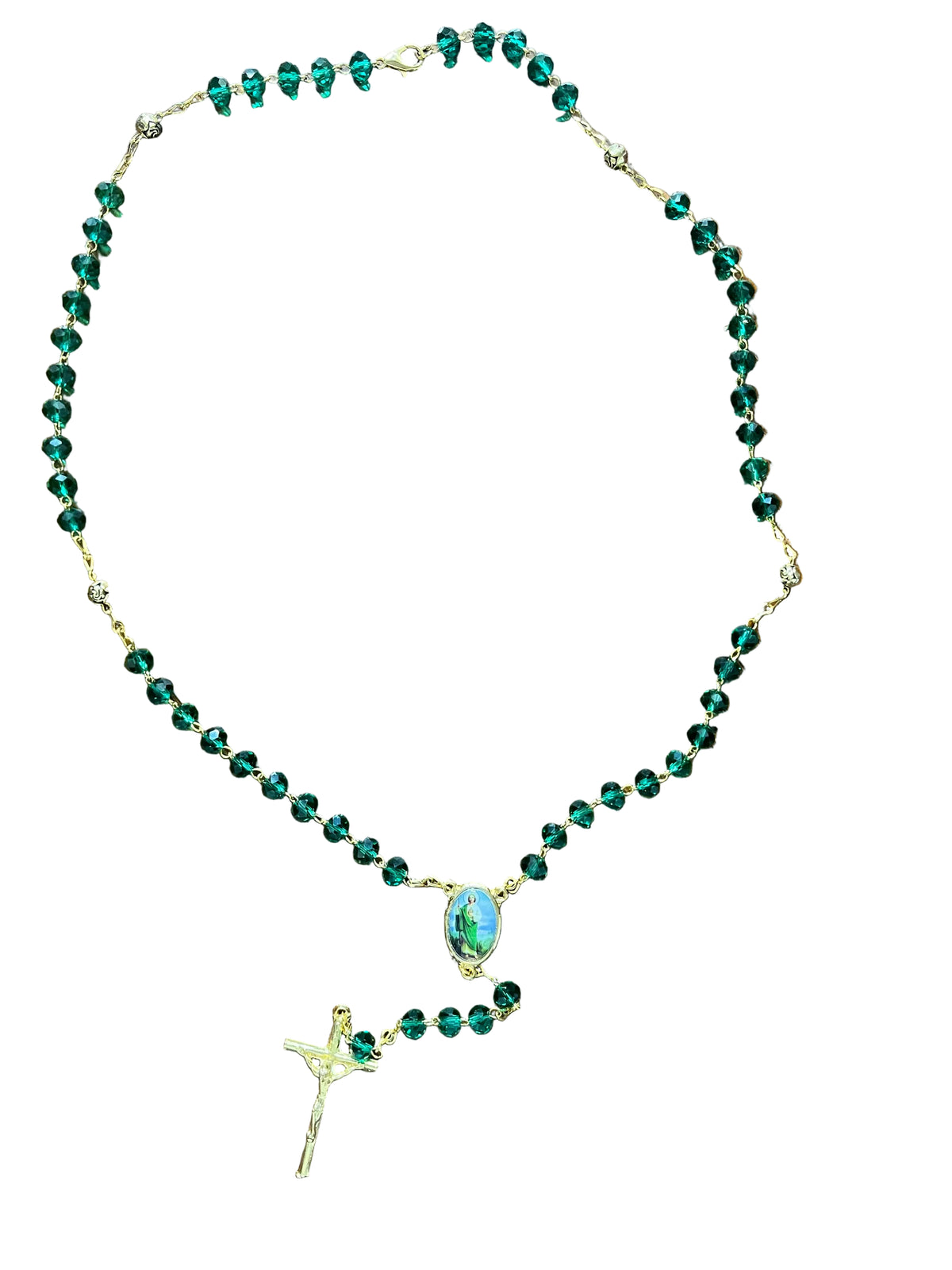 St. Jude Dark Green Crystal and Gold Rosary - JMJs Catholic Store, Inc