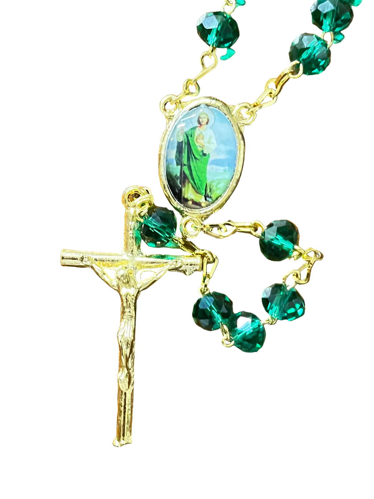 St. Jude Dark Green Crystal and Gold Rosary - JMJs Catholic Store, Inc