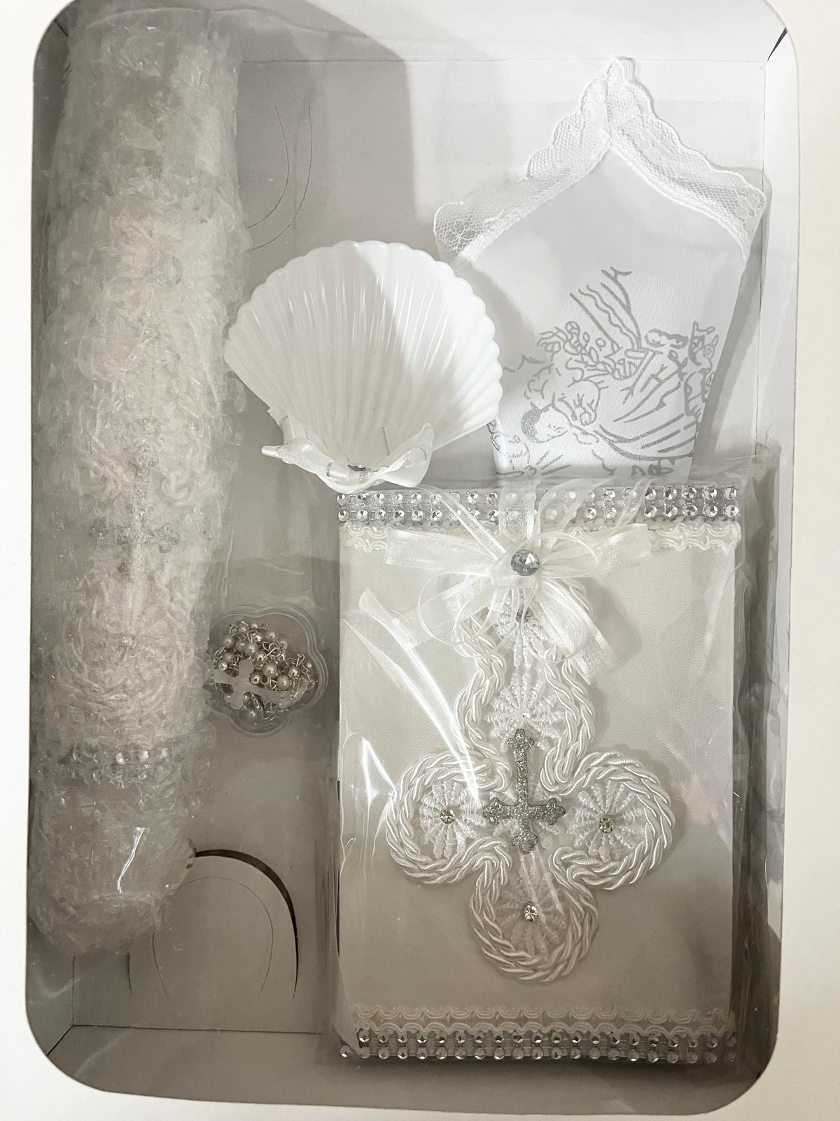 White and Rhinestone Cross Baptism, Christening Candle Set #2 - JMJs Catholic Store, Inc
